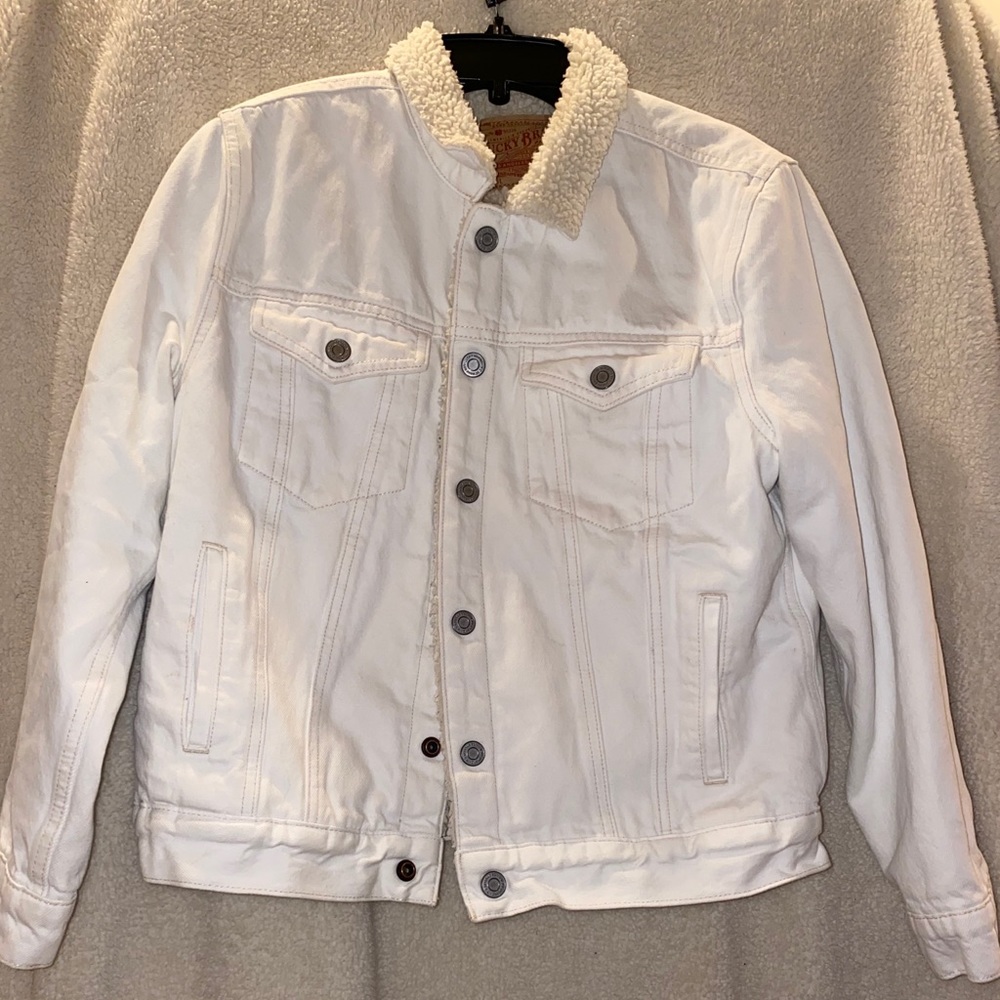 lucky brand fuzzy white jean jacket